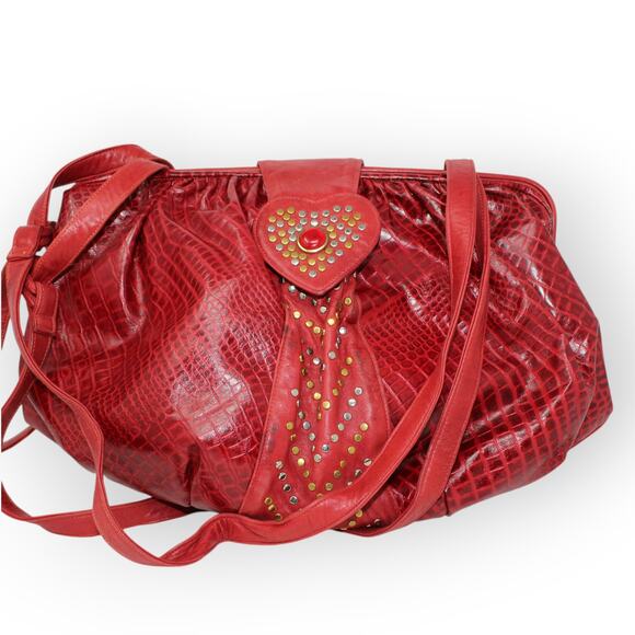 Vintage 80s Bags (3) Gold Quilted Sharif Red Patchwork Leather - Picture 9 of 16